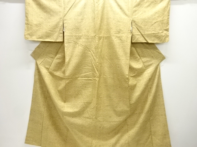 アンティーク　斜め格子に華紋模様織り出し手織り紬着物